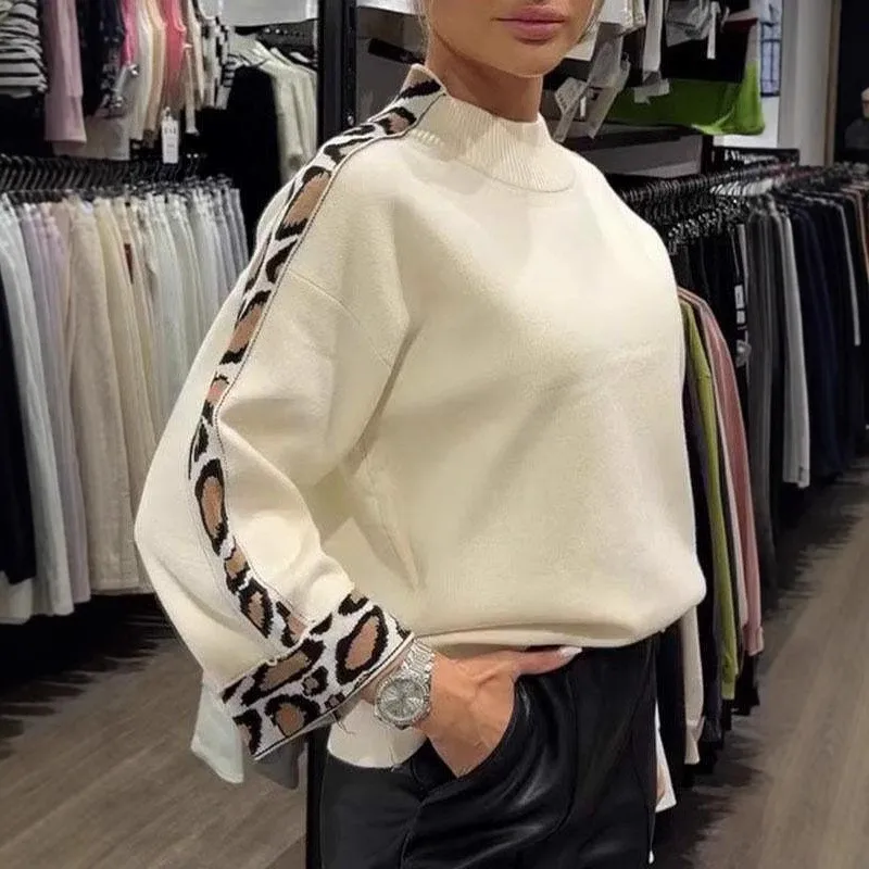 Suéter empalmado con estampado de leopardo para mujer, suéter informal de manga larga con cuello medio alto para otoño e invierno, 2024