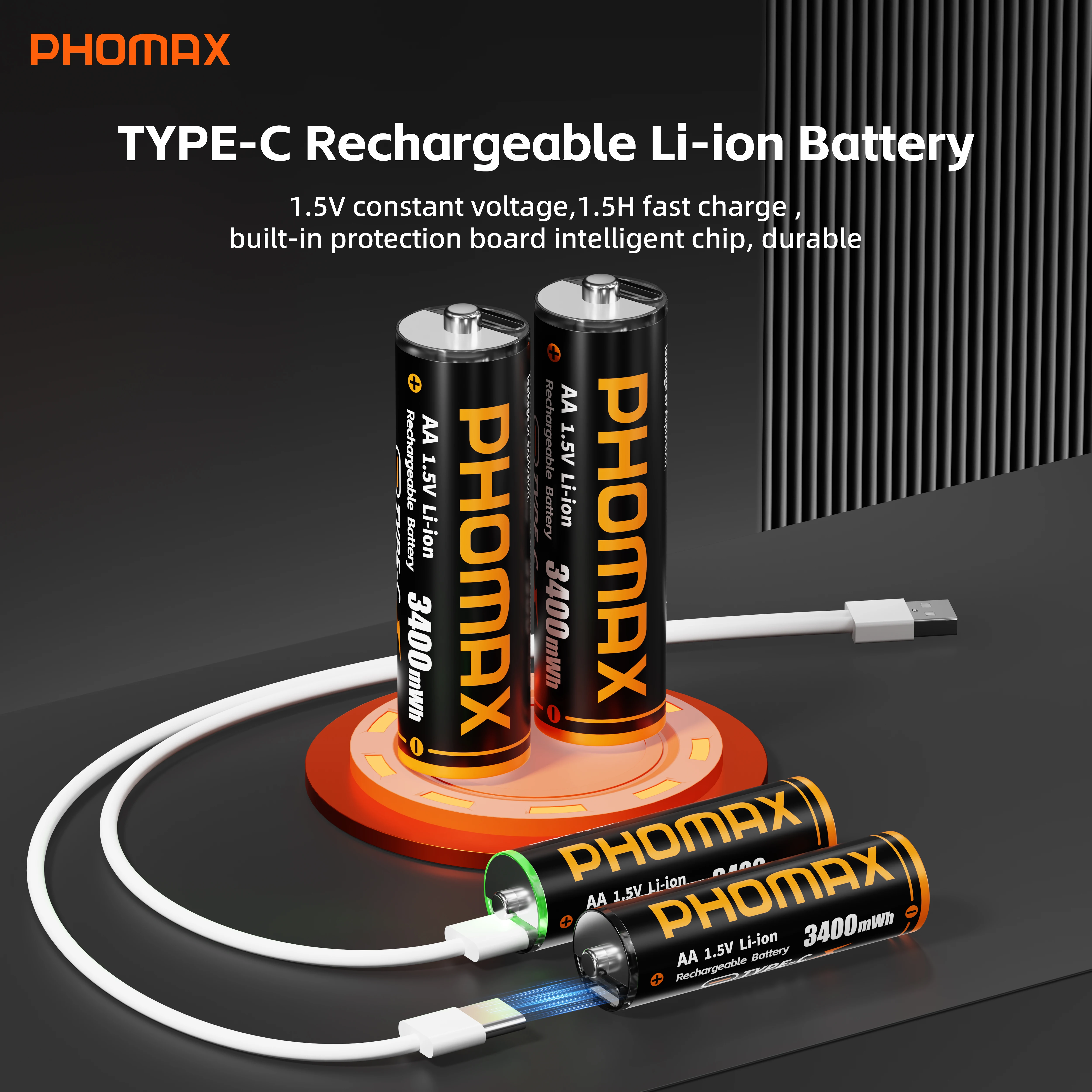 

PHOMAX 1.5V 3400mWh AA Size Rechargeable Battery USB C-Type Lithium Battery for Remote-Controlled Electric Toy Mouse with Cable