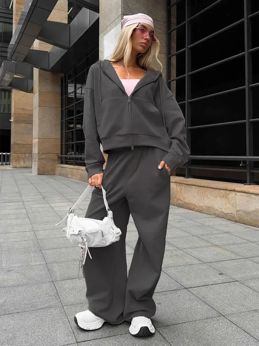 Blubelle Jesień Zima Nowy Zestaw: Rozpinany Sweter z Zamkiem, Bluza, Długie Spodnie, Damski Zestaw Bluza i Spodnie z Szerokimi Nogawkami, Zestaw Bluza z Kapturem