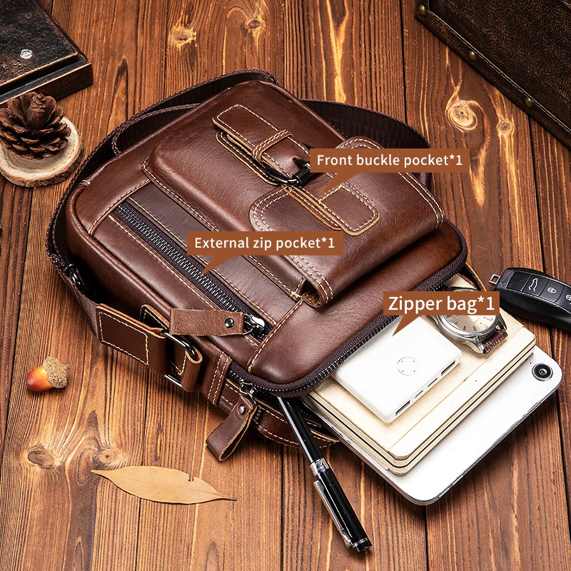Bolsa de ombro pequena de couro para homens, couro genuíno, mini bolsa crossbody retrô, bolsa vertical casual
