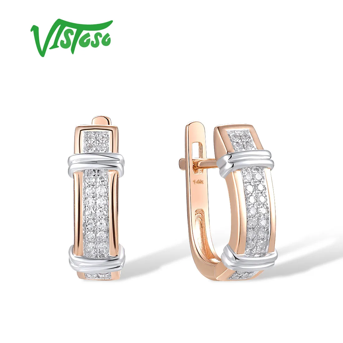 

VISTOSO Gold Earrings For Women Genuine 14K 585 Rose Gold Sparkling Diamond Latch Back Party Anniversary Trendy Fine Jewelry