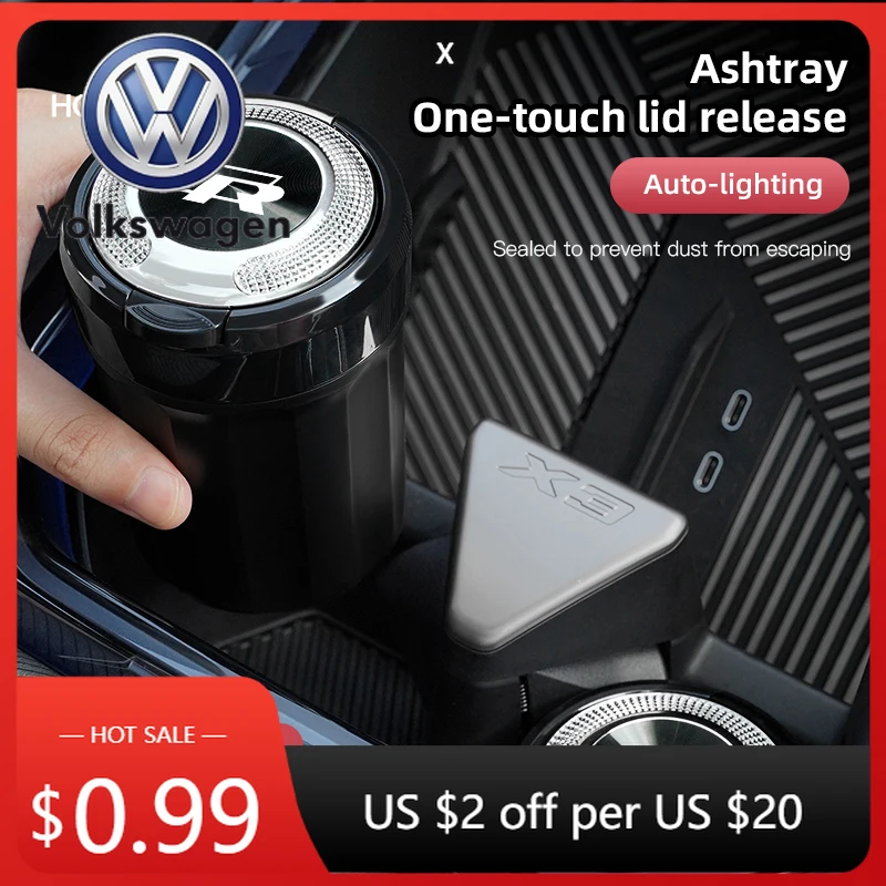 Новинка 2026: Портативная автомобильная светодиодная пепельница VOLKSWAGEN с керамическим вкладышем – аксессуар для интерьера авто для Volkswagen R, Passat, Polo, ID.3, Amarok, T