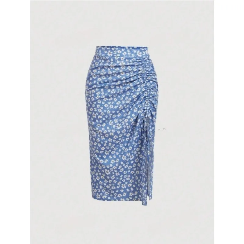 2024 Summer European and American New High Waist Small Chrysanthemum Printed Drawstring Vent Sheath Skirt for Women
