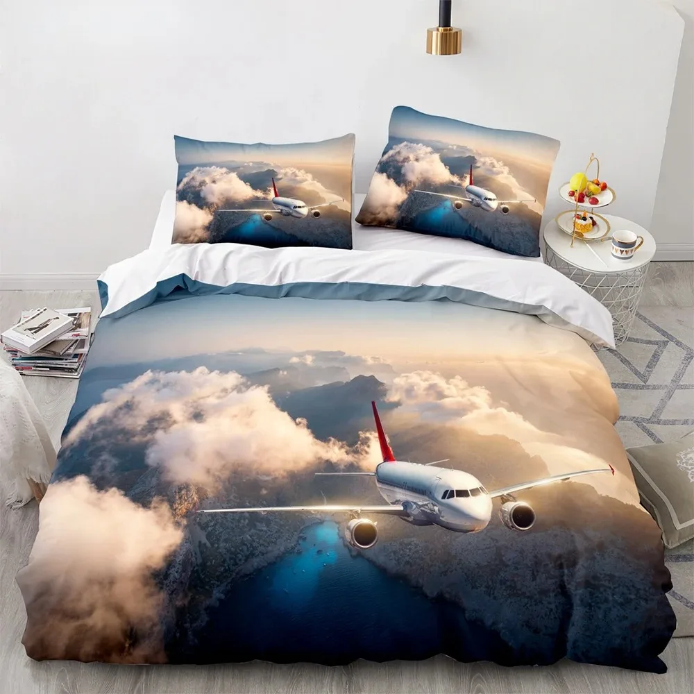 Airplane King Queen Full Duvet Cover Vintage Fighter Bedding Set For Kids Teens Adults Sky Clouds Grey 2/3pcs Soft Quilt Cover