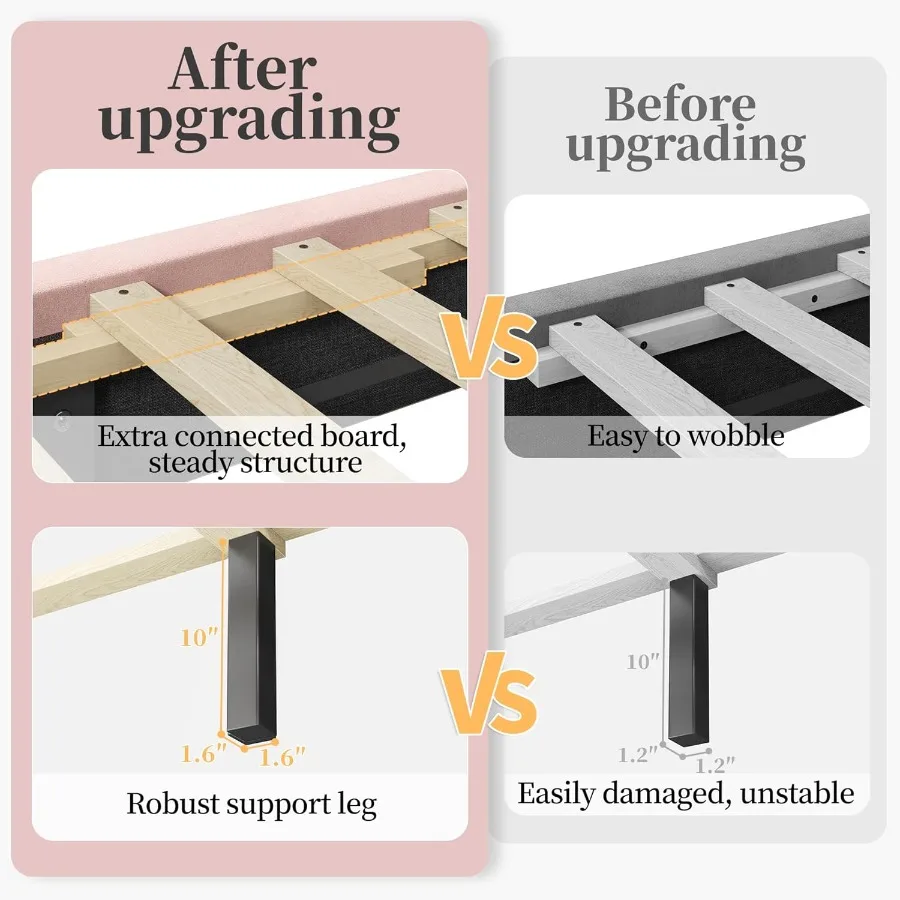 إطار سرير كوين وردي مع تصميم منصة منجدة ولوح رأسي معنقدة جانب الجناح يتميز بشرائح خشبية لدعم المراتب