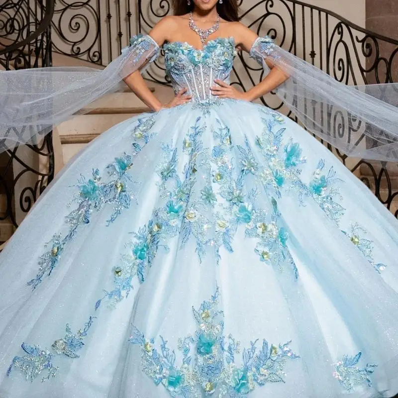 Abiti Quinceanera blu cielo personalizzati 2025 Applique Abito fiore 3D Abito da festa in tull lucido 16 Abiti da 15 anni