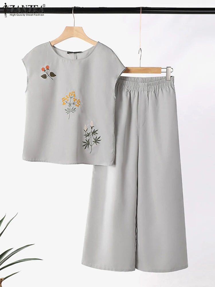 ZANZEA Summer Casual 2 Pieces Pant Sets Women Floral Embroidery Short Sleeve Top Wide Leg Trouser 2pcs Outfits Vintage Suits