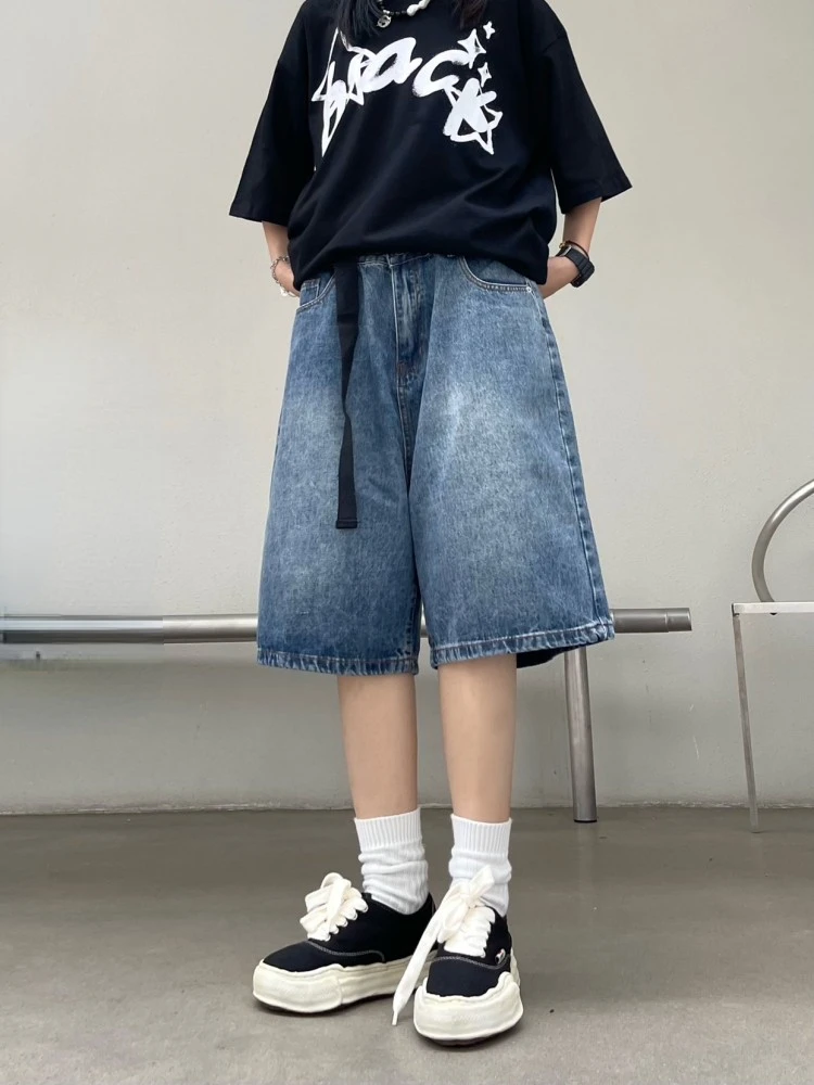 QWEEK-Y2K Baggy Vintage Wide Leg Jeans feminino, streetwear americano, shorts jeans lavados, Five Points, verão, casual, oversize