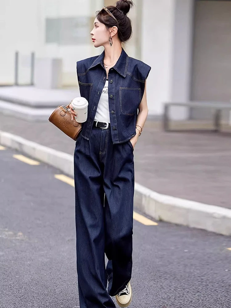 High Quality French Denim Two Piece Set Women Jeans Jackets Sleeveless Coat Loose Wide Leg Pants Casual Streetwear Outfits