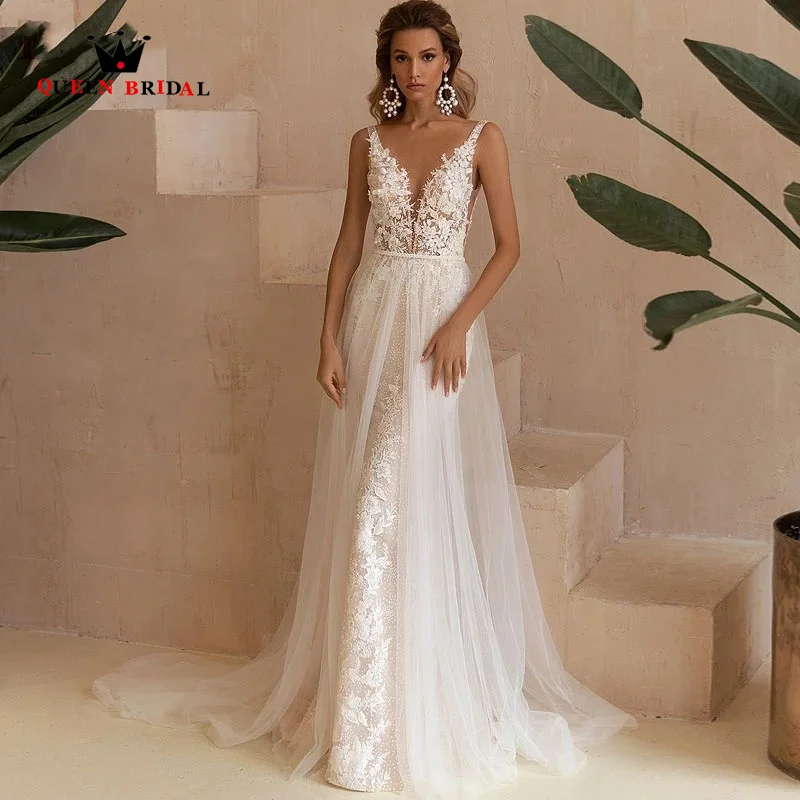 

Wedding Dress 2023 Mermaid Sexy V-neck Lace Boho Backless Bride Gowns Detachable Train Tulle Sleeveless Robe De Mariée KW33