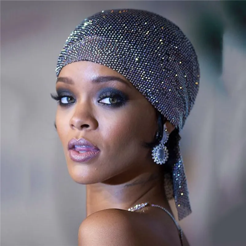 Fashion Women Shinning Turban Rhinestone Head Scarf Turban Hat Head Wrap Bling Head Wrap Ladies Glitter Pirate Hat Hair Jewelry