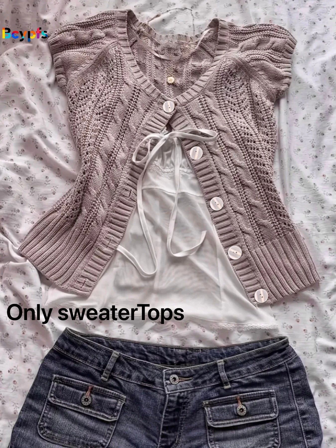 3 Farben Damen Kurzarm-Strickjacke mit V-Ausschnitt, Zopfmuster, Hohlmuster, vorne gebunden, Knopfleiste, lässiges All-Match-Sommer-Oberteil
