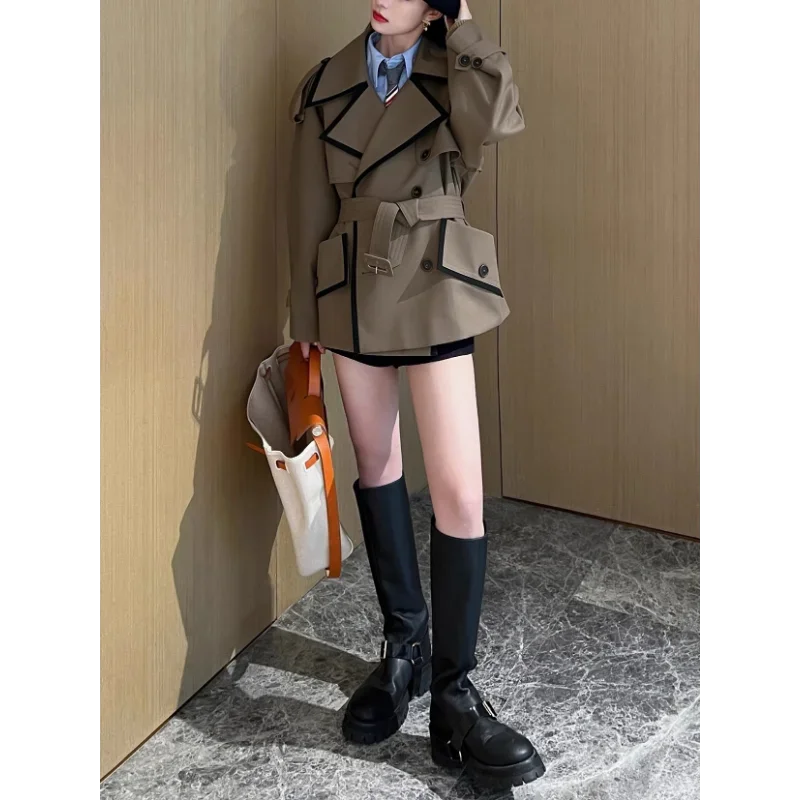 Imagem -04 - High-end Curto Trench Coats Camelo Roupas Femininas Outono Solto Colheita Jaqueta Cinto Lapela Hipster Europa e América Mangas Raglan