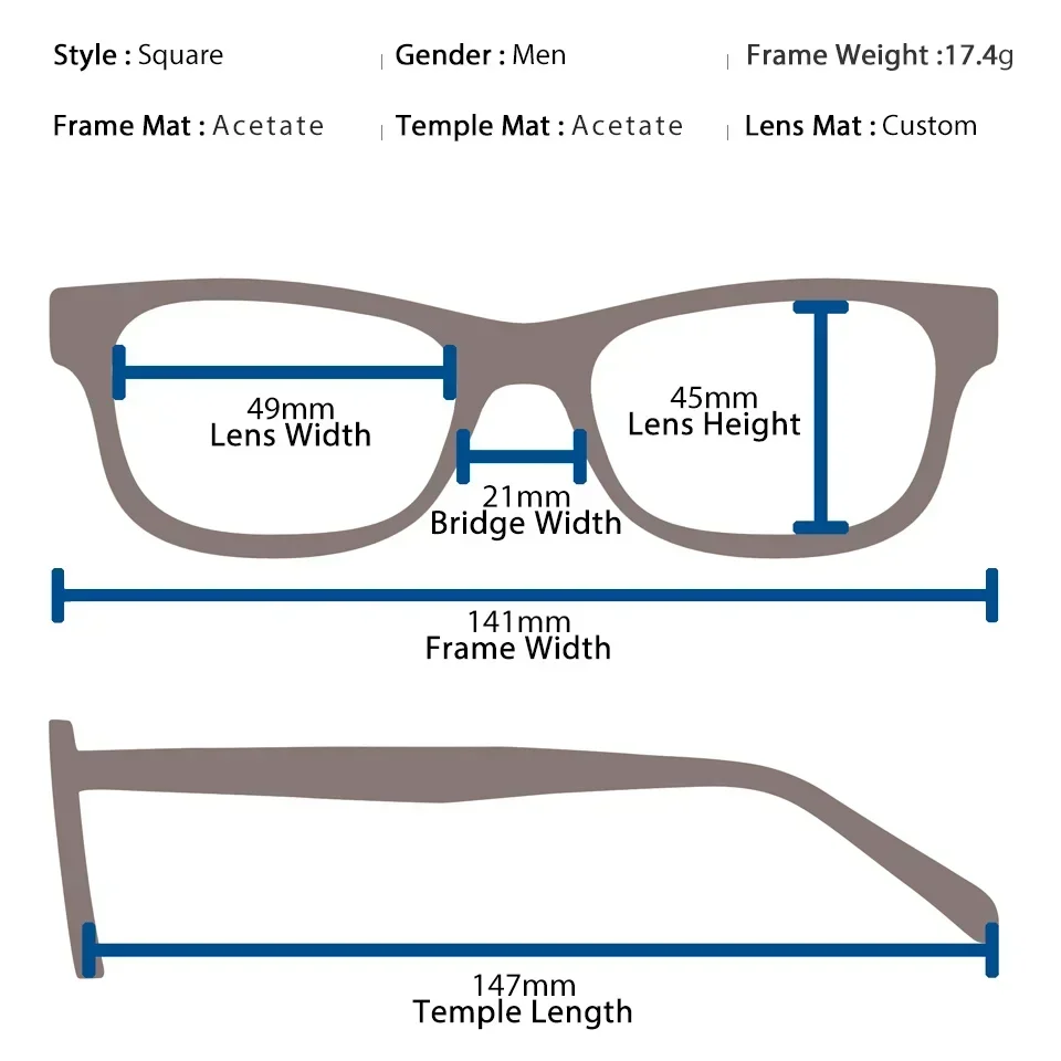 Square Bifocal Photochromic Optical Glasses Men Acetate Doctor with Multifocal Eyeglasses Prescription 1.74 Progressive Eyewear