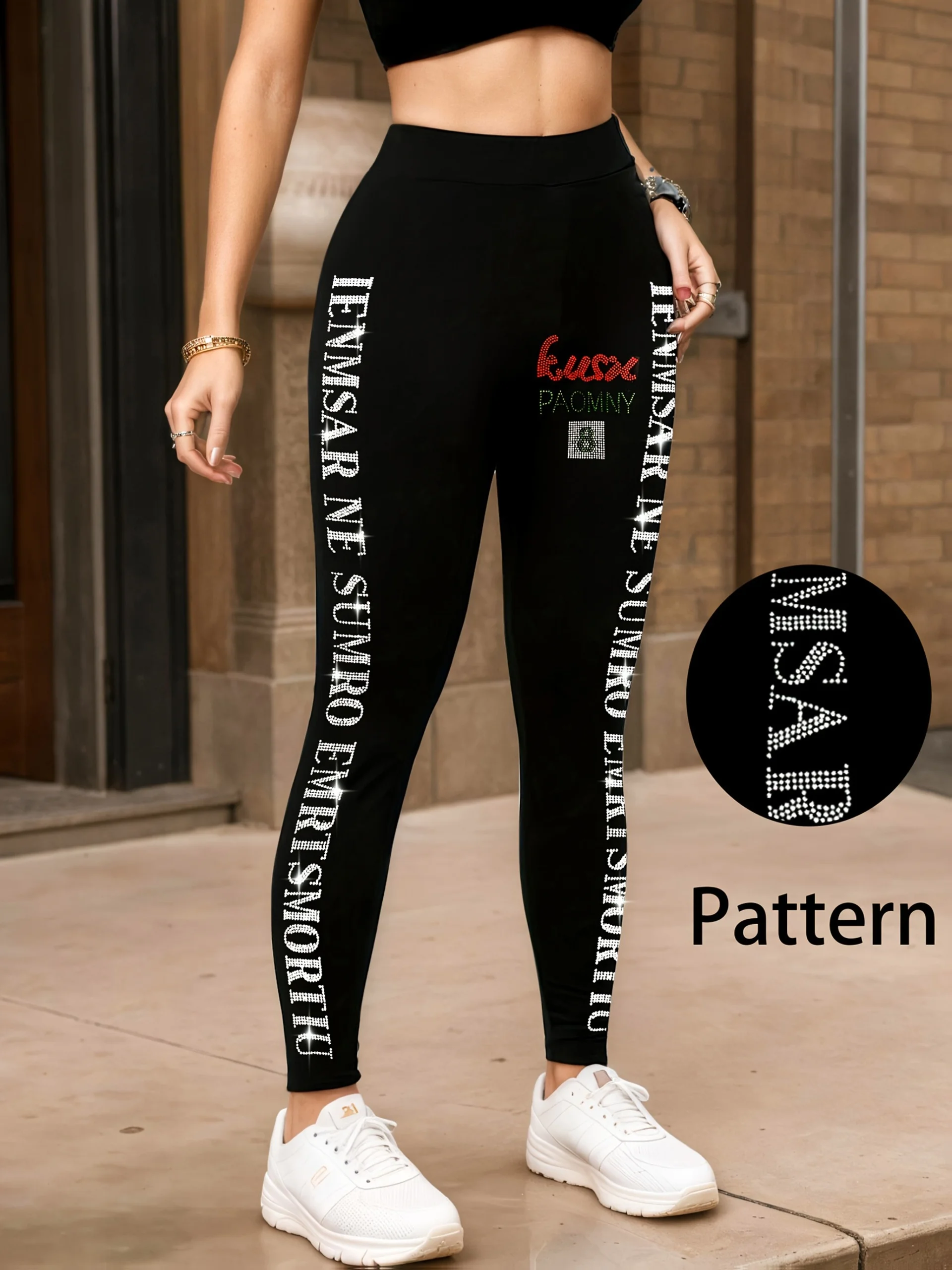 Women Side Letter Graphic Print Fleece Lined Leggings Mid Waist Stretch Fitness Yoga Sports Pants