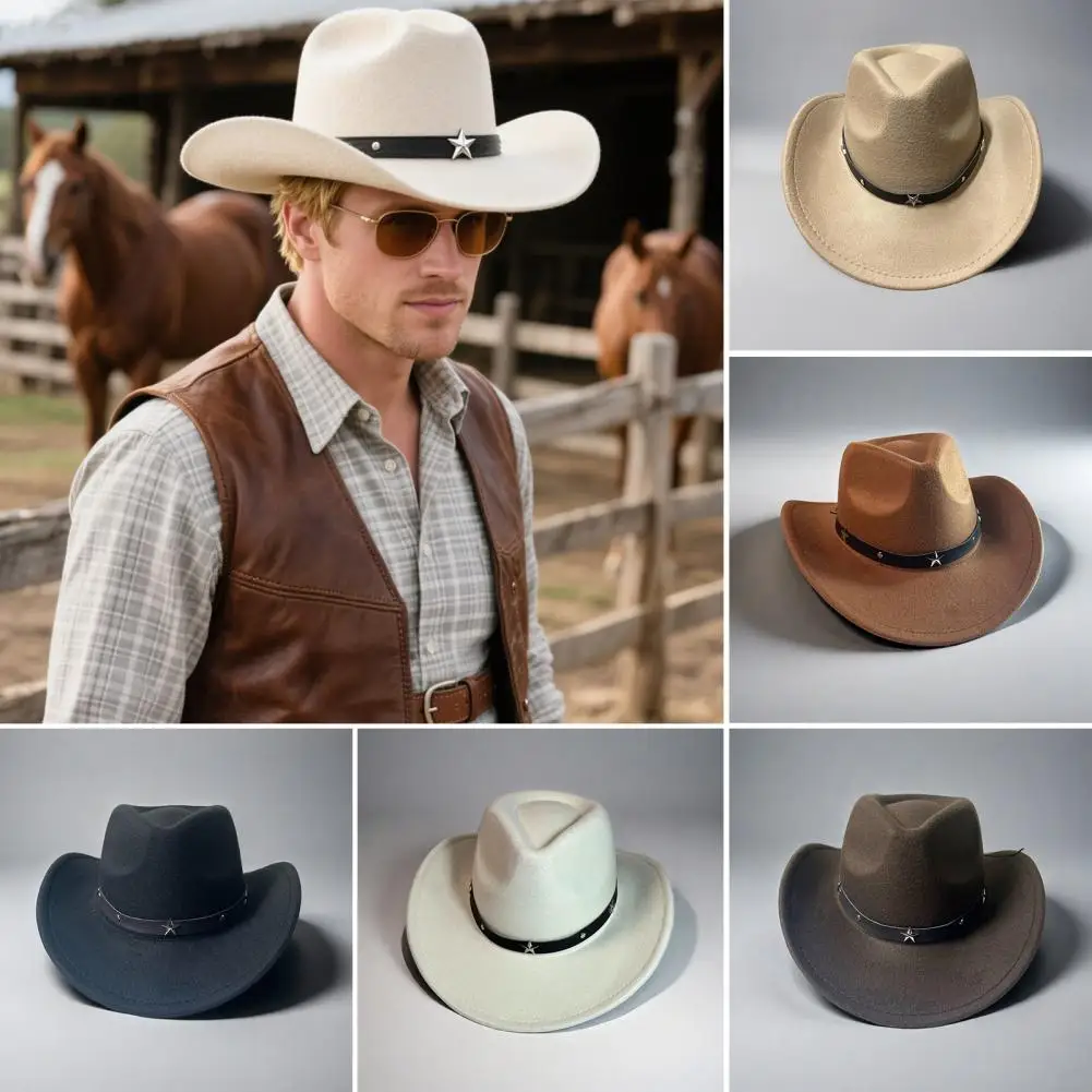 Western Cowboy Hat For Women Men Wide Brim Beach Cowgirls Hat Rolled-Up Felt Fedora Hat With Star Band Cap Ковбойская Шляпа