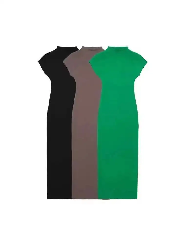 티셔츠 롱 드레스 패션 여성 패션 슬림핏 니트 미디 드레스 빈티지 O넥 반팔 여성 드레스 베스티도스 무헤르 A3I5