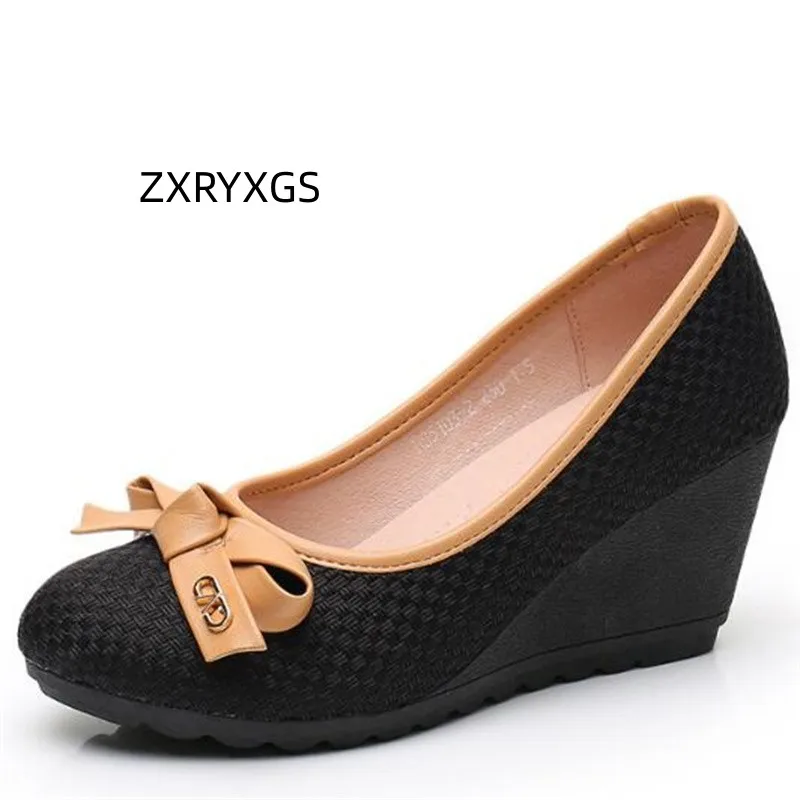 ZXRYXGS Premium Microfiber Breathable Comfort Wedges Shoes Woman New High Heel Shoes 2024 Spring Sweet Bow Elegant Fashion Shoes