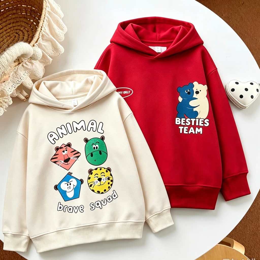 Cartoon Animals Print Hoodies Autumn Winter Daily Clothes Solid Color Versatile Hooded Pullovers For 9moths-7Years Toddlers