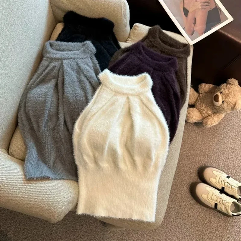 

Fashion Faux Mink Fur Camis Women Spring New with Chest Pads Halter Tops Y2K Sexy Slim Backless Beach Vacation Crop Tank