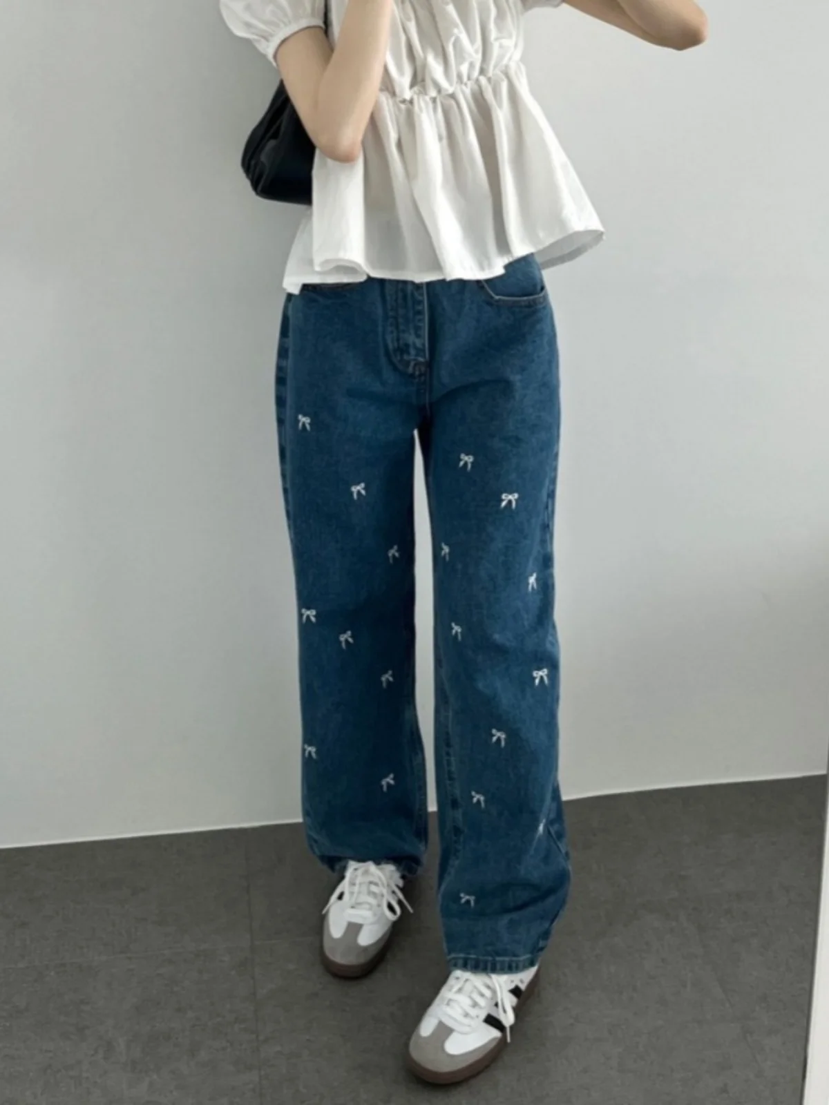 Celana Jeans Panjang Longgar Pinggang Tinggi Sle Korea Celana Kasual Bordir Pita Simpul Pengurang Usia Faion Wanita