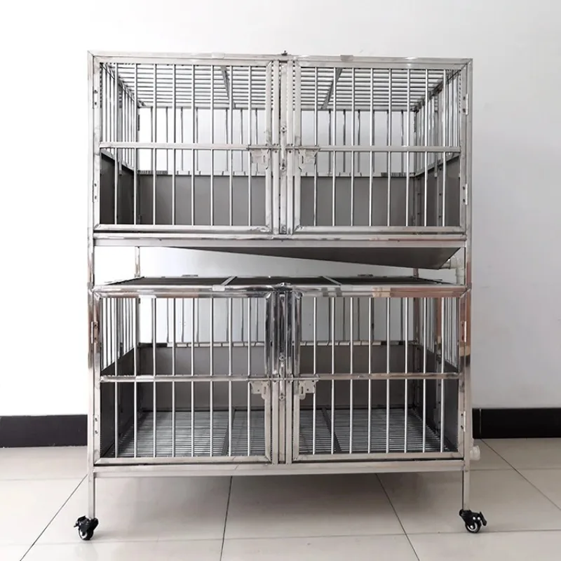 Stainless Steel Pet Cage Double Stage 4 Doors Funnel Dog Cage Grooming Salon Boarding Service Heavy1 Dog Kennel