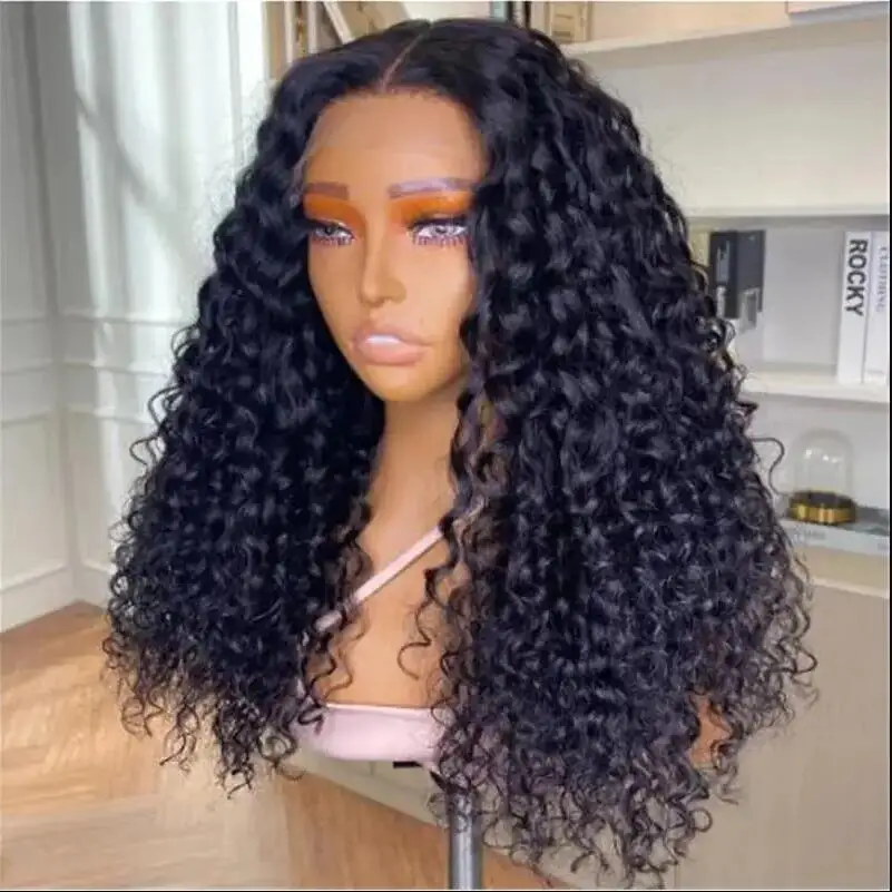 

Long 26inch 180%Density Preplucked Kinky Curly Heat Resistant Black Lace Front Wig For Women BabyHair Glueless Daily Fashion