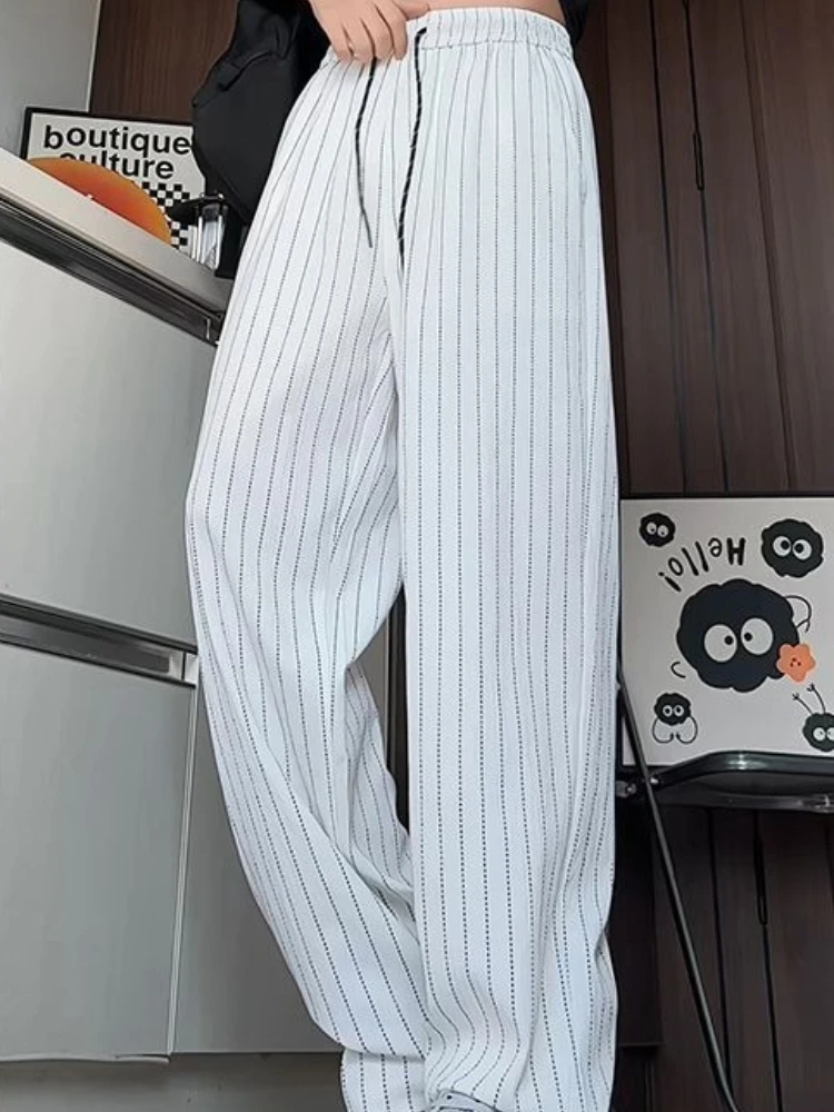Men Thin Loose Striped Straight Casual Pants Drape Trousers Trendy Versatile Comfortable Long Slacks