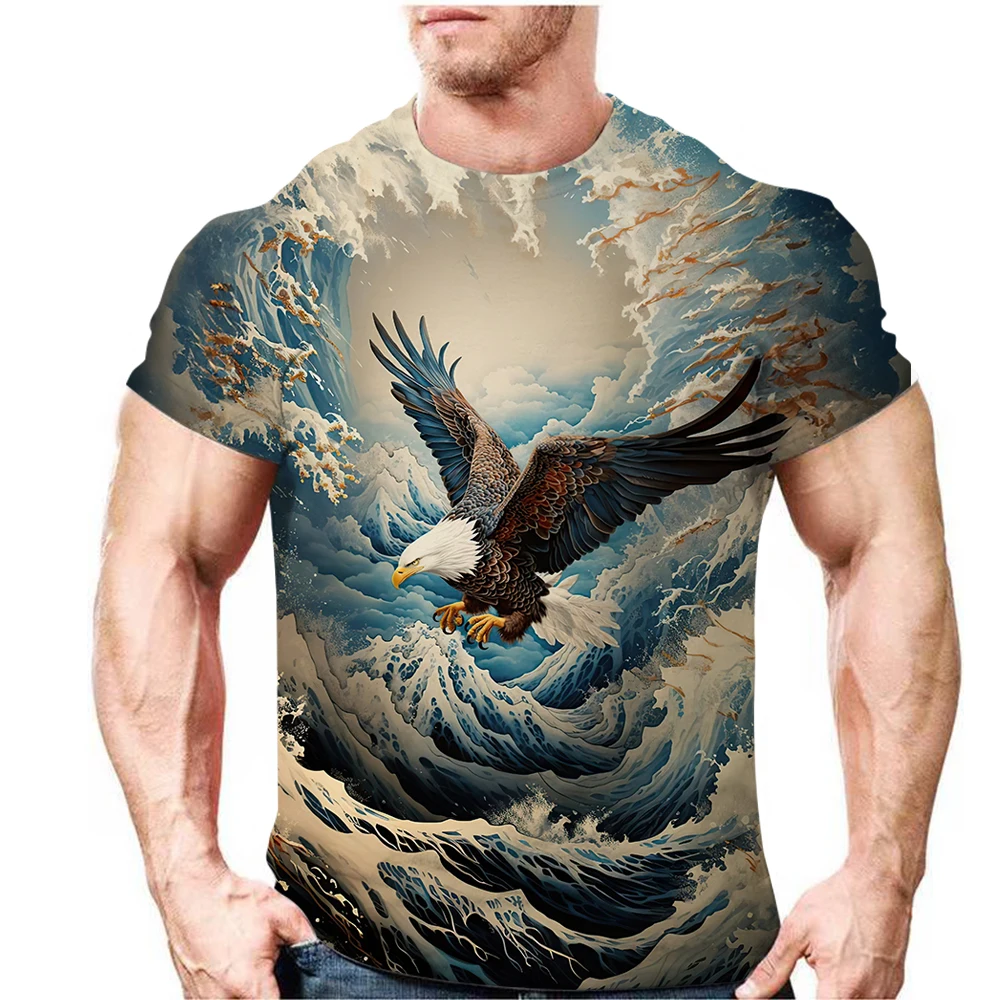 Vintage Wind Eagle Wave Painting Pattern Crew Collar Short-Sleeved T-Shirt Men's Summer Fashion T-Shirt Smart Street Casual Top