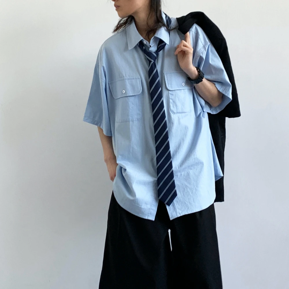 ‌Japanese Style Unisex Summer Casual Blue Shirt Loose Fit Vintage Streetwear Oversize College Trendy Harajuku Short Sleeve Top