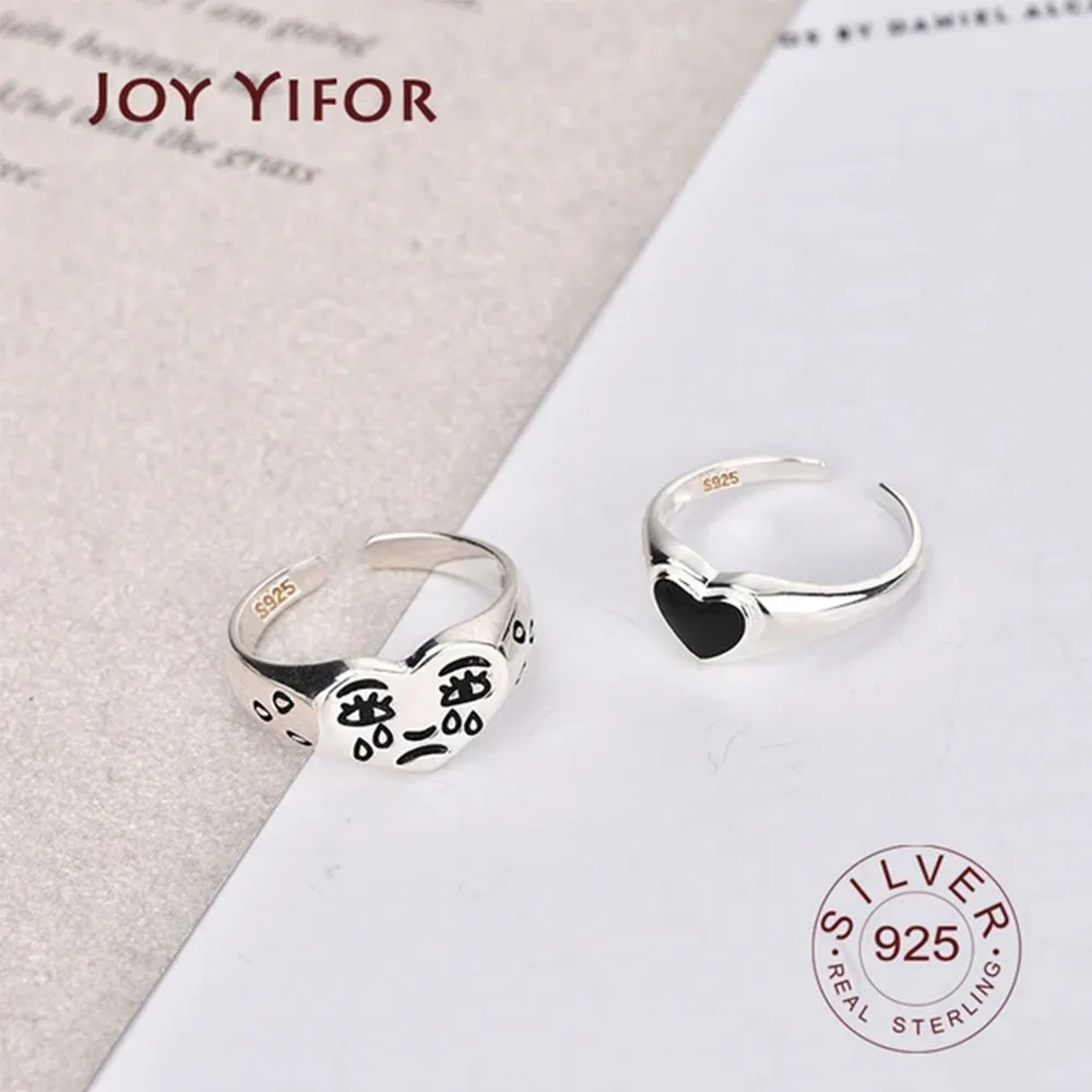 Vintage Silver Color Metal Punk Cry Face Heart Black Open Round Rings Design Finger Rings for Women men Party Jewelry Gifts