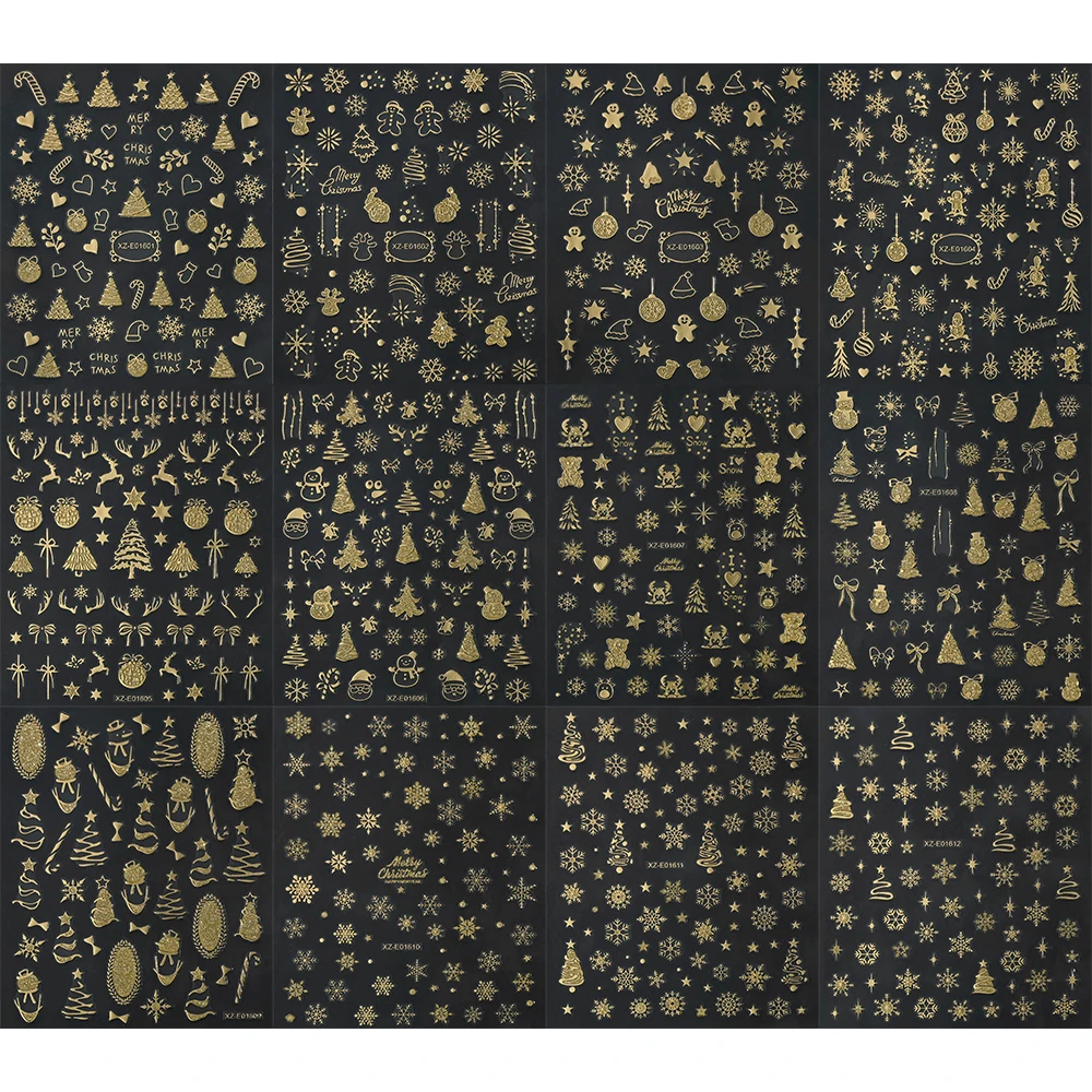 1 stks 5D Fonkelende Gouden Kerst Sticker voor Nagels Decoratie Chrome Sneeuwvlokken Kerstman Decals Kerst Feestelijke Manicure Benodigdheden