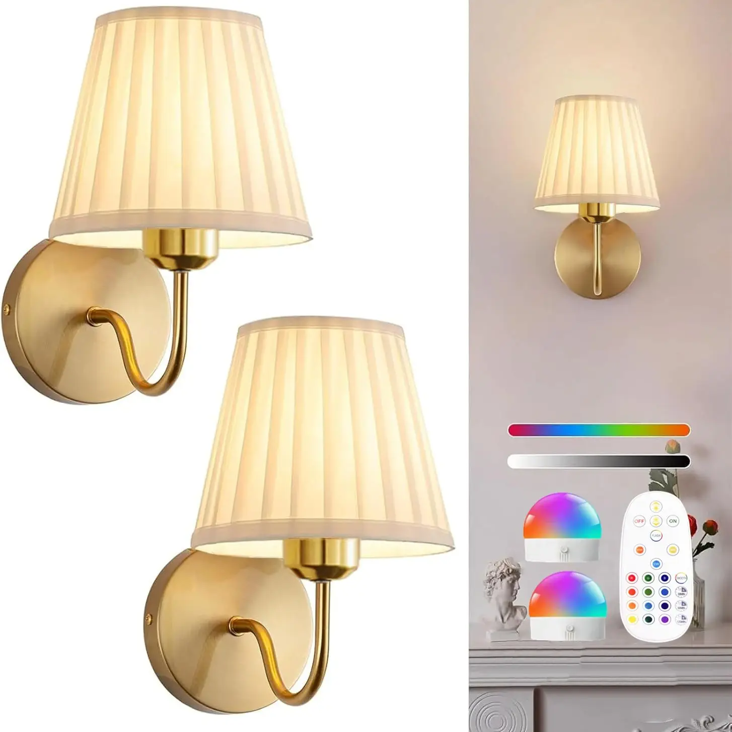 Wandlamp op batterijen, draadloze oplaadwandlamp met afstandsbediening, dimbaar, 15Rgb, timer, geschikt voor woonkamer, slaapkamer, entree, goudkleur - afbeelding 2
