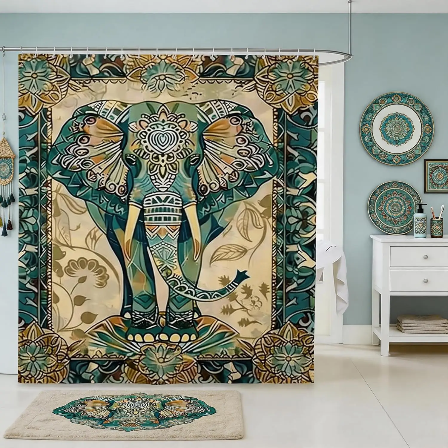 

Bohemian Elephant Print Shower Curtain Boho Jungle Tropical Safari Waterproof Bathroom Decor Curtain Liner Tapestry for Home Acc