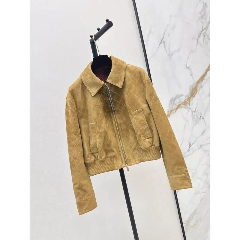 2026 New Style Elegant Casual Style Plaid Line Lapel Jacket Coat Sheepskin Suede