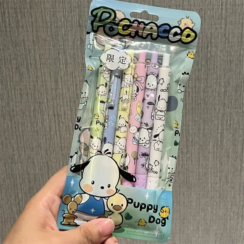 6Pcs Kawaii Sanrio Anime Hobby Pochacco Cute Gel Pen Cartoon Children's Black Writing Pen