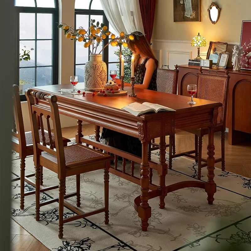 

French retro solid wood dining table and chair combination Chinese antique island table rectangular American dining table