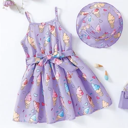 Purple Ice Cream Pattern Girls Sleeveless Elegant Polyester Dress with Belt and Hat Perfect for Vacation