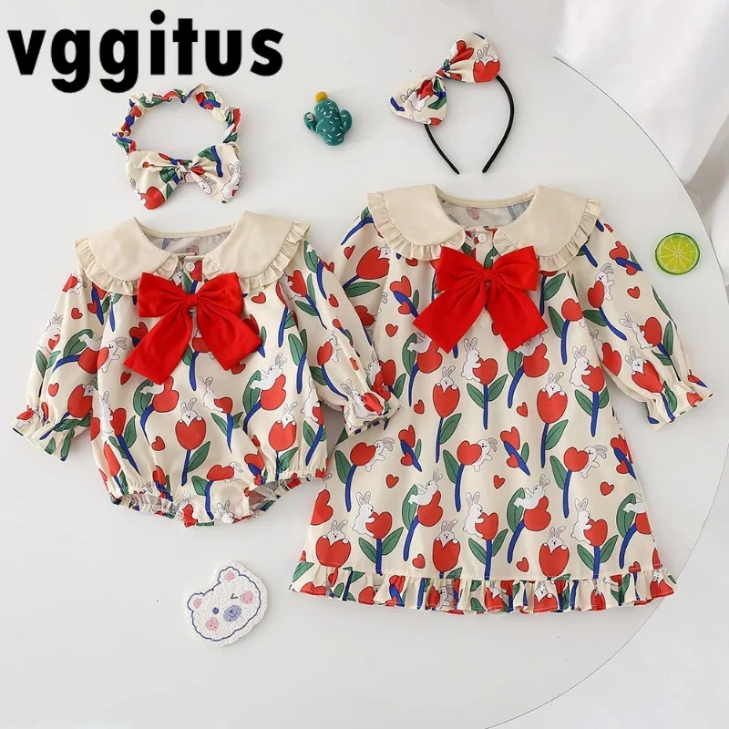 Neue Frühling Herbst Familie Passenden Outfits kinder Gilr 1 stücke drehen-unten Kragen Kleid + Body + headwear Baby Schwestern Sets H703