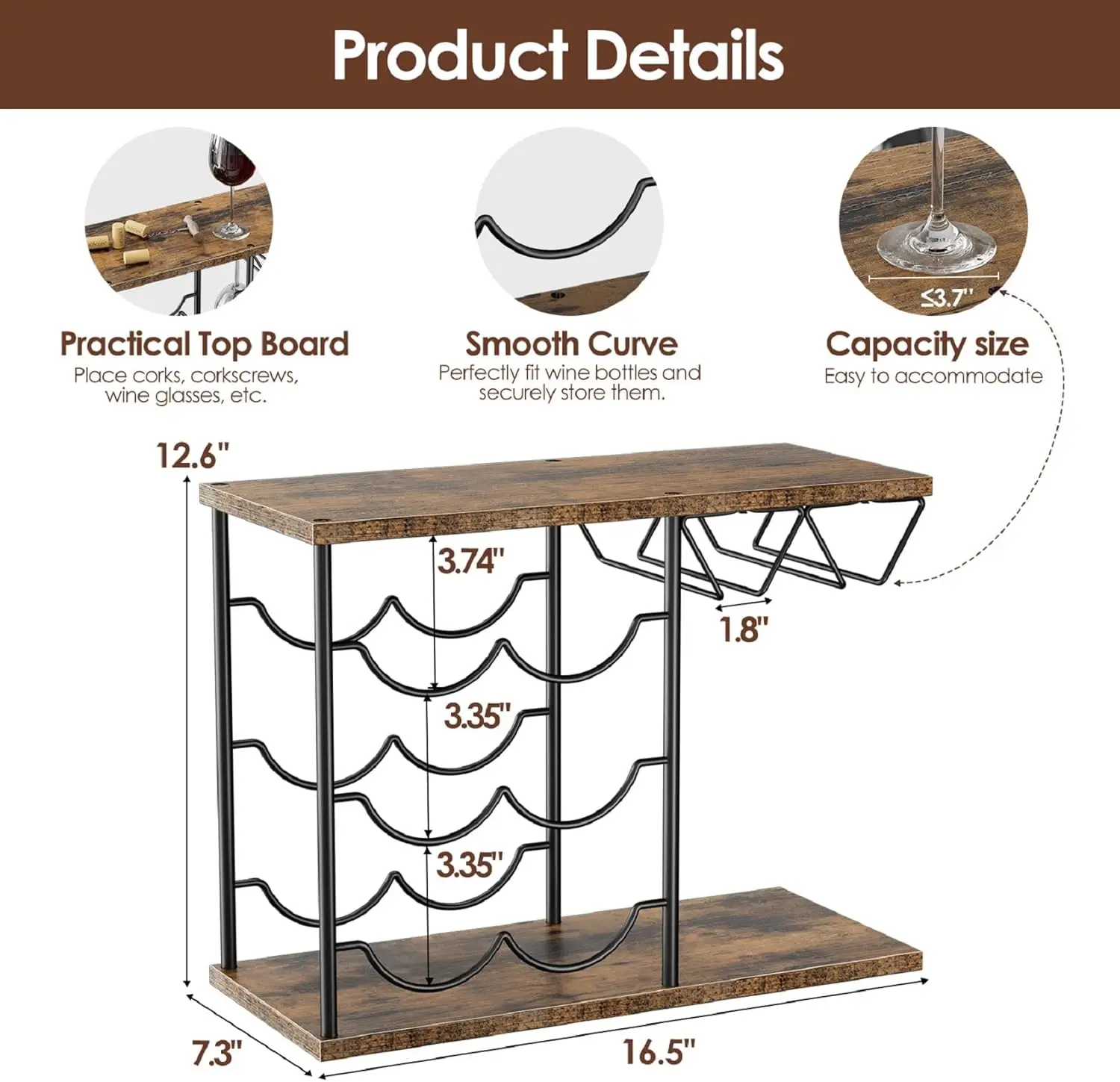 Compact Wine Rack for 6 Bottles and 4 Glasses, Metal and Wood Storage Organizer for Kitchen or Bar
