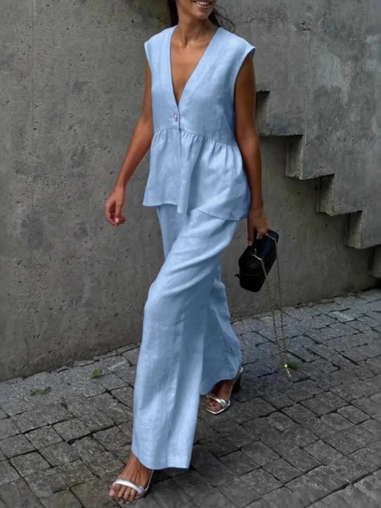 GELITAYIN 2025 Summer Cotton Two Piece Set Women Sleeveless Loose V Neck Waistcoat Elastic Wide Leg Pants Tracksuits Office Lady