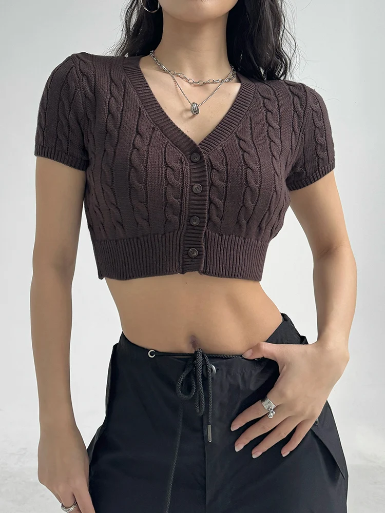 

Slim Fit Short Sleeve V-Neck Knitted Cardigan Women's Fashion American Retro Twist Yarn Open-Shirt Style Spring Outerwear