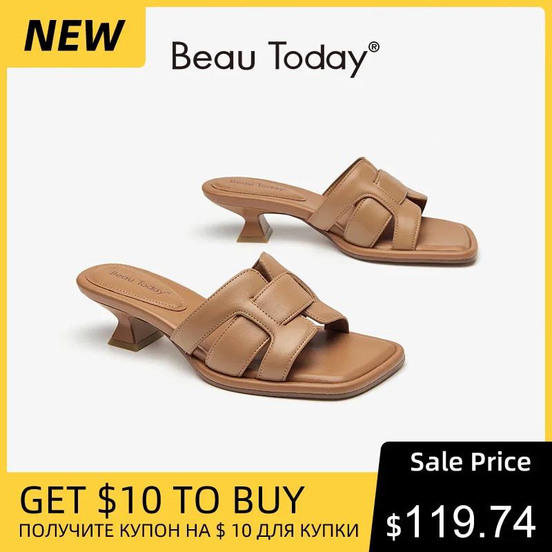 

BEAUTODAY Roman Slippers Women Genuine Leather Woven Square Toe Slip-on Flats Outdoors Ladies Mid Heel Shoes Handmade 35111