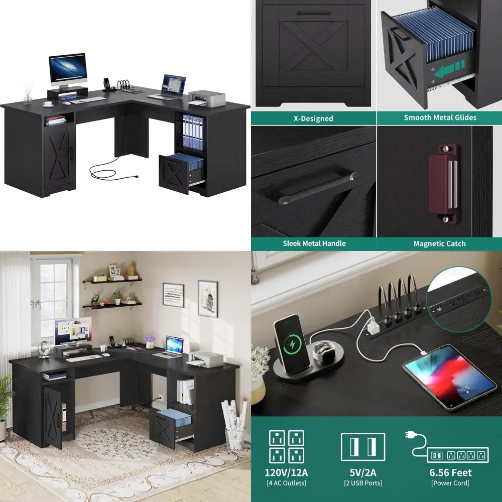 

60 Inch L-Shaped Corner Desk with Power Outlets and File Drawer for Home Office Use