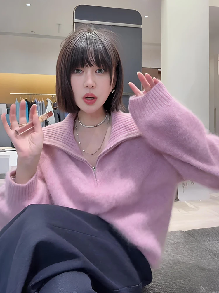 

Soft Wind Long Sve Loose Knitted Sweater for Women with f Zipper Collar Autumn Winter Youthful Outerwear Inner Match