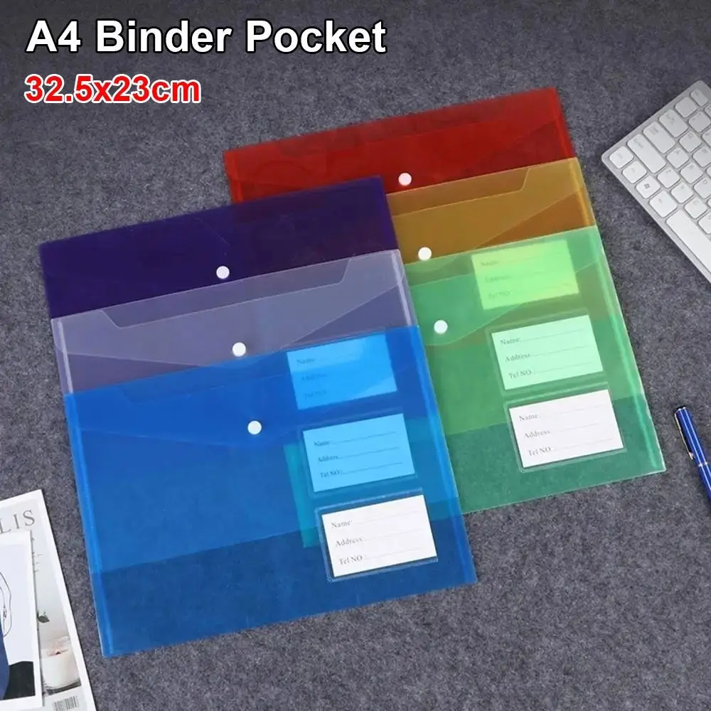 1Pcs with Label Pocket A4 Binder Pocket Clear Snap Button Document Files Folders Transparent Plastic Envelope Popper Wallets