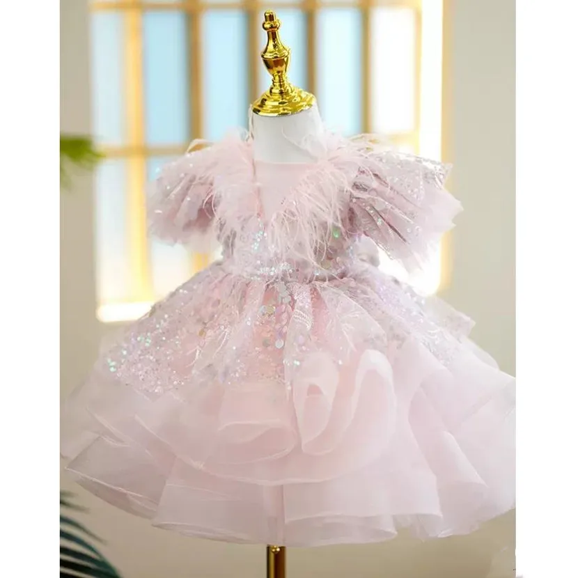 Baby Clothing Feather Sequin Design Baptism Birthday Party Gown Girls Christening Princess Dresses For Easter Eid Vestidos A2135