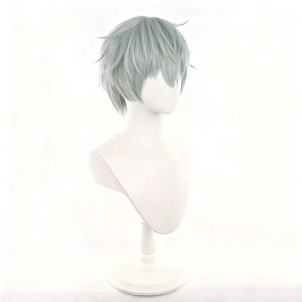 Anime Alien Stage Till Cosplay Pruik Mannen Vrouwen Cyaan Grijs Kort Haar Hittebestendige Synthetische Pruik Halloween Party Prop