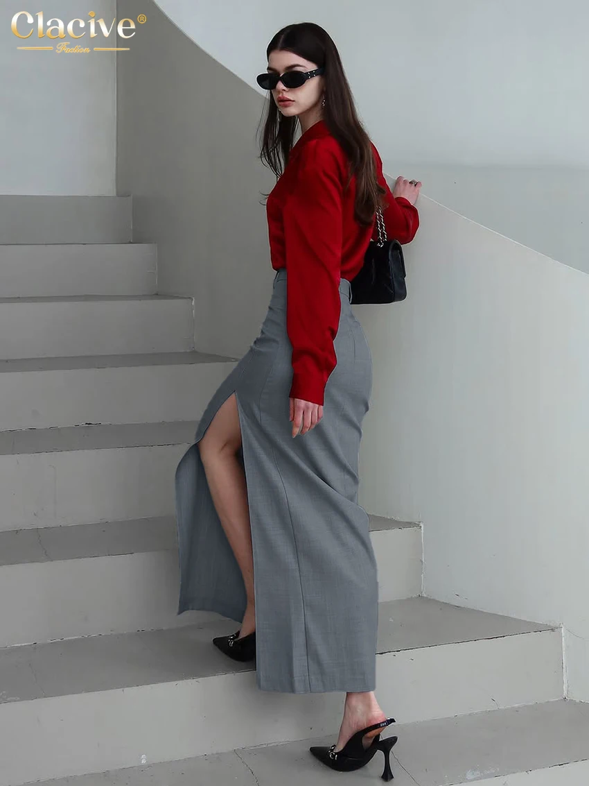 Clacive Fashion Loose Gray Office Women's Skirt 2025 Casual High Waist Maxi Skirt Elegant Classic Slit Skirt Female Clothing