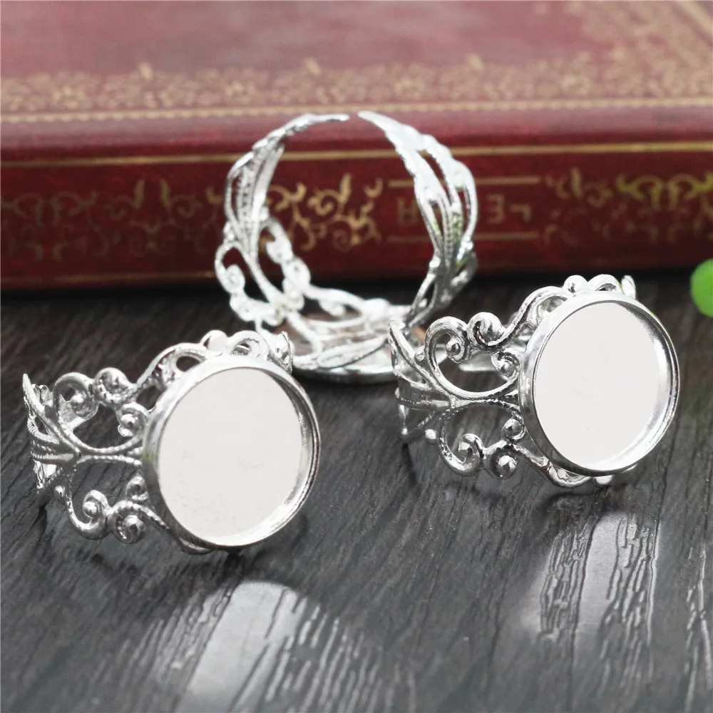 12mm 10pcs Silver Plated Brass Adjustable Ring Settings Blank/Base,Fit 12mm Glass Cabochons,Buttons;Ring Bezels J2-20